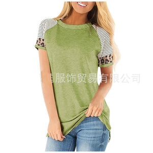 Leopard Stripe Round Neck Short Sleeve Contrast Top T-shirt