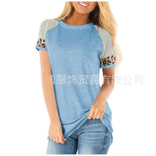 Load image into Gallery viewer, Leopard Stripe Round Neck Short Sleeve Contrast Top T-shirt
