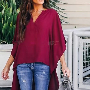 Simple fashion V-neck loose shoulder sleeve Top